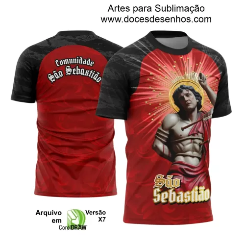 Arte Estampa Camiseta Religiosa - Preta e Vermelha - São Sebastião - Religião - 2025 - Festejo e Devoção - 2025