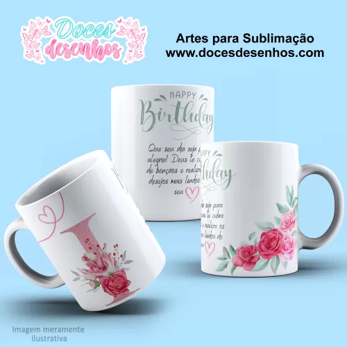 Arte Estampa Caneca - Sublimação - Alfabeto Floral - Rosa - 2024