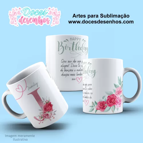 Arte Estampa Caneca - Sublimação - Alfabeto Floral - Rosa - 2024