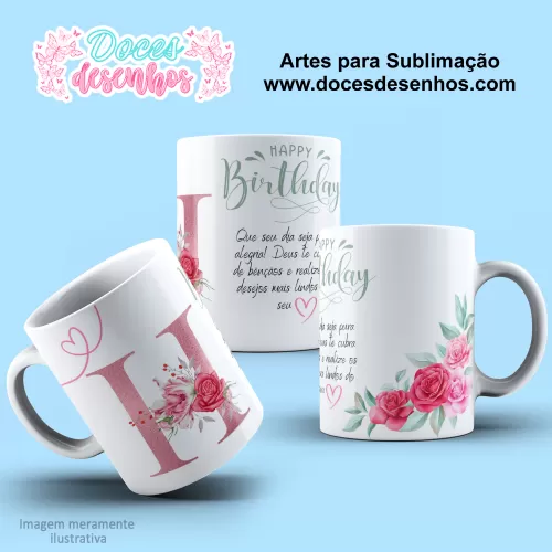 Arte Estampa Caneca - Sublimação - Alfabeto Floral - Rosa - 2024