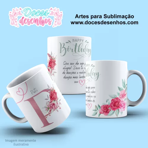 Arte Estampa Caneca - Sublimação - Alfabeto Floral - Rosa - 2024