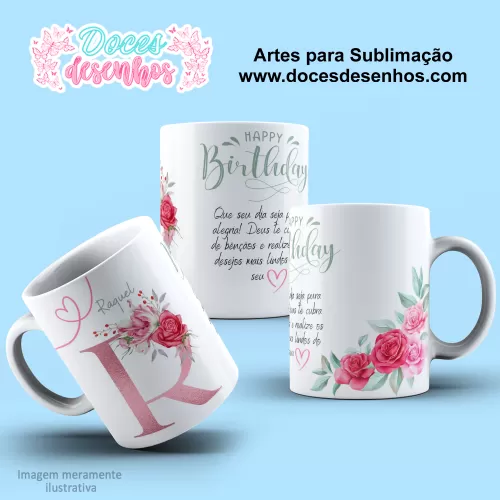 Arte Estampa Caneca - Sublimação - Alfabeto Floral - Rosa - 2024