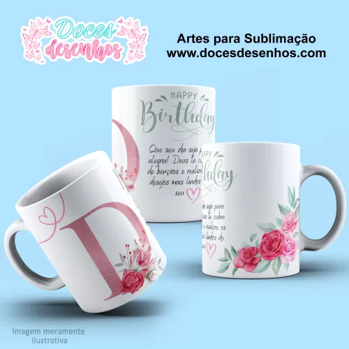 Arte Estampa Caneca - Sublimação - Alfabeto Floral - Rosa - 2024