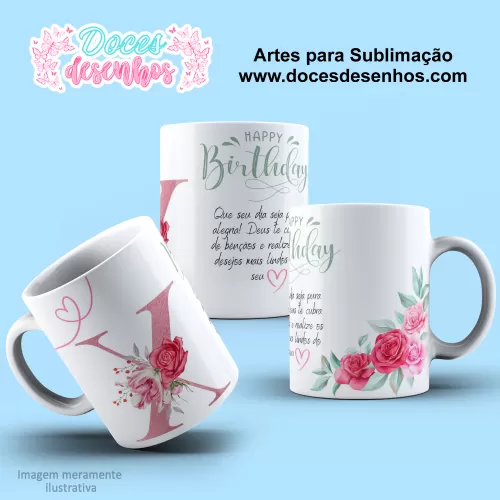 Arte Estampa Caneca - Sublimação - Alfabeto Floral - Rosa - 2024