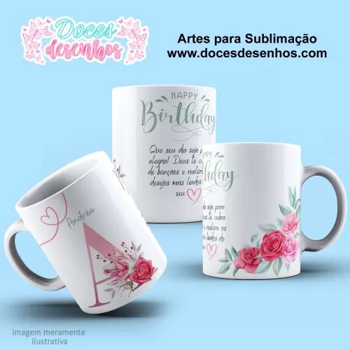 Arte Estampa Caneca - Sublimação - Alfabeto Floral - Rosa - 2024