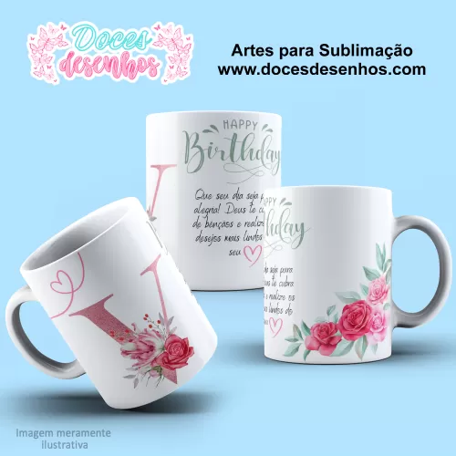 Arte Estampa Caneca - Sublimação - Alfabeto Floral - Rosa - 2024