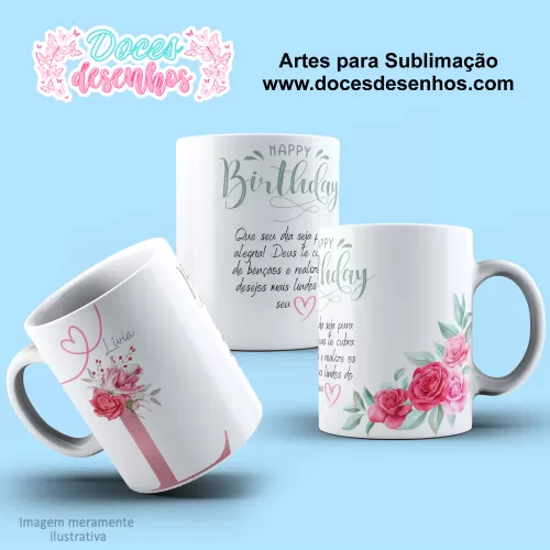 Arte Estampa Caneca - Sublimação - Alfabeto Floral - Rosa - 2024