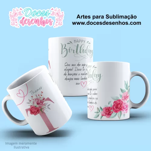 Arte Estampa Caneca - Sublimação - Alfabeto Floral - Rosa - 2024