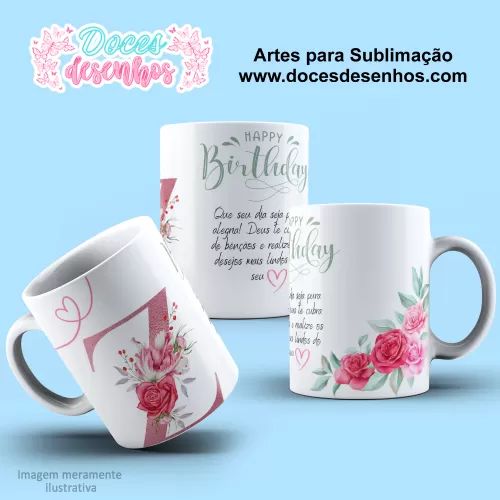 Arte Estampa Caneca - Sublimação - Alfabeto Floral - Rosa - 2024