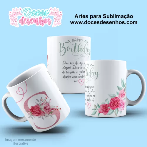 Arte Estampa Caneca - Sublimação - Alfabeto Floral - Rosa - 2024