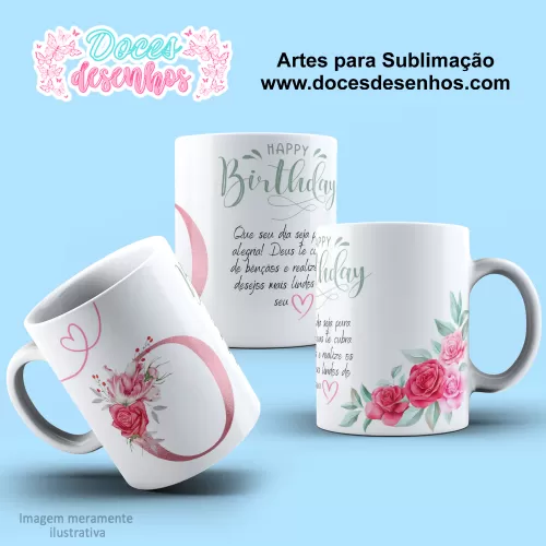 Arte Estampa Caneca - Sublimação - Alfabeto Floral - Rosa - 2024