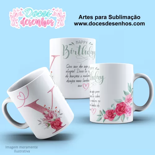 Arte Estampa Caneca - Sublimação - Alfabeto Floral - Rosa - 2024