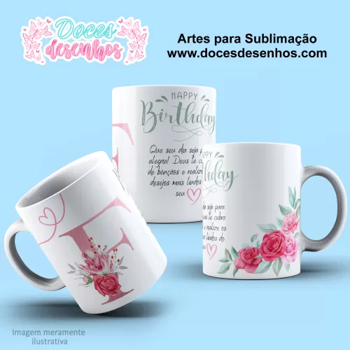 Arte Estampa Caneca - Sublimação - Alfabeto Floral - Rosa - 2024