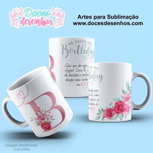 Arte Estampa Caneca - Sublimação - Alfabeto Floral - Rosa - 2024