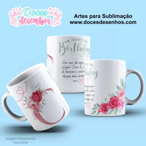 Arte Estampa Caneca - Sublimação - Alfabeto Floral - Rosa - 2024