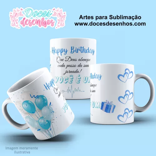 Arte Estampa Caneca - Sublimação - Feliz Aniversário - Balões - 2024 - 2025