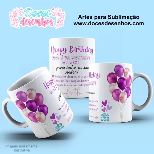 Arte Estampa Caneca - Sublimação - Feliz Aniversário - Balões - 2024 - 2025