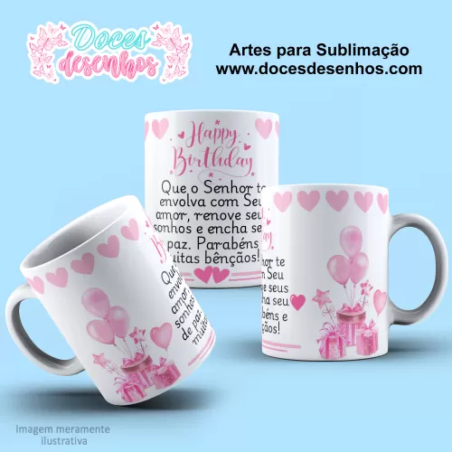 Arte Estampa Caneca - Sublimação - Feliz Aniversário - Balões - 2024 - 2025