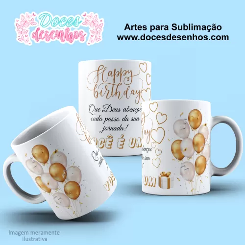 Arte Estampa Caneca - Sublimação - Feliz Aniversário - Balões - 2024 - 2025