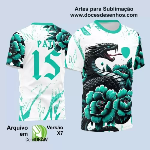 Arte Vetor Camisa Branca e Turquesa - Interclasse 2024 - Jogos Internos 2024 - Serpente Flores