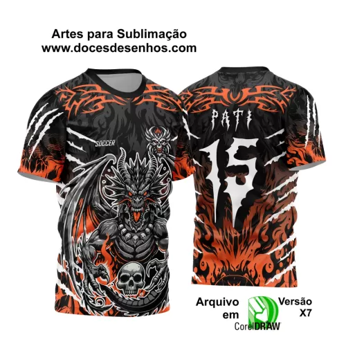 Arte Vetor - Camisa de Interclasse Preta e Laranja - Jogos Internos - Dragão Assustador - Caveira - 2024 - 2025