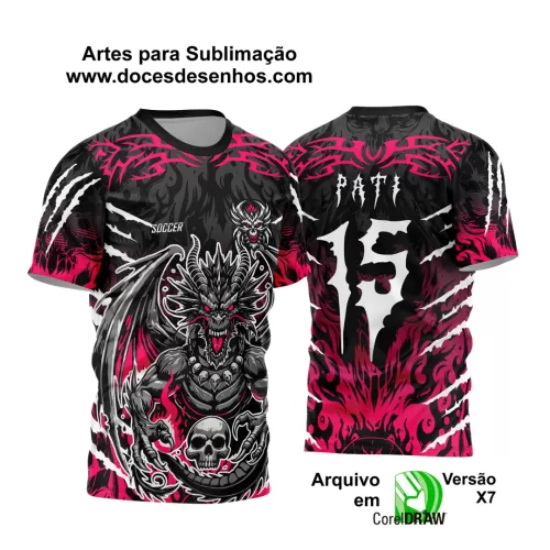 Arte Vetor - Camisa de Interclasse Preta e Rosa - Jogos Internos - Dragão Assustador - Caveira - 2024 - 2025