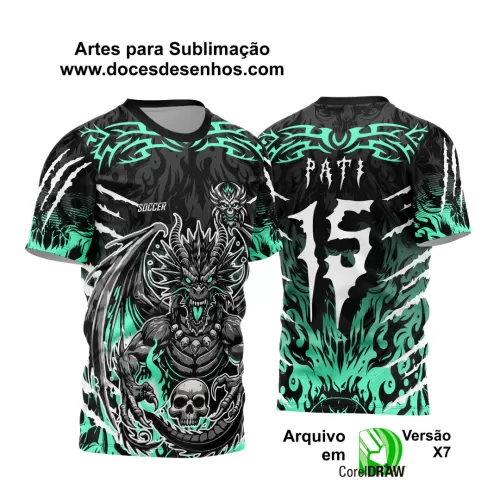 Arte Vetor - Camisa de Interclasse Preta e Verde - Jogos Internos - Dragão Assustador - Caveira - 2024 - 2025 