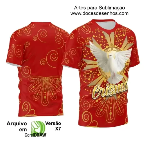 Arte Vetor - Camiseta Dourada e Vermelha - Religião - Crisma Divino Espírito Santo - 2024 - 2025