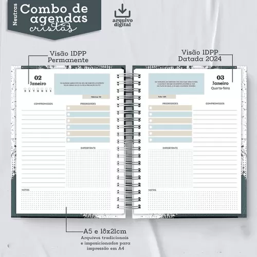 Combo Agendas Neutras – Coleção Cristã – 1DPP | 2DPP | 3DPP | 4DPP – Metamorpaper