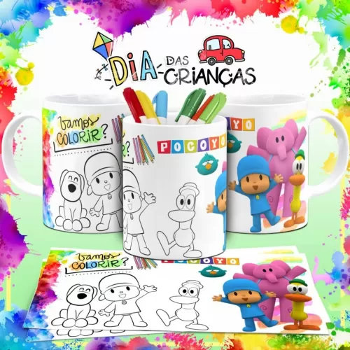Combo Artes Canecas Colorir Personagens – Dia das Crianças