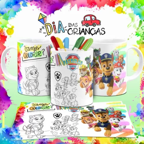 Combo Artes Canecas Colorir Personagens – Dia das Crianças