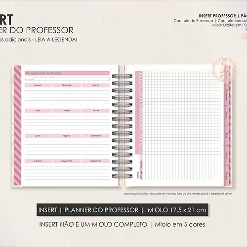 INSERT | PLANNER DO PROFESSOR | TAMANHO BIG (17,5x21cm) - Moldes Da Lê