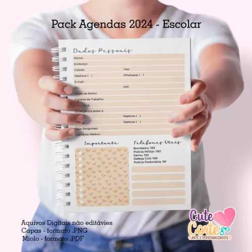 Pack Escolar 2024 – Agenda A5 – 15 Capas x 4 miolos – Datados e Permanentes (Cute Corte)
